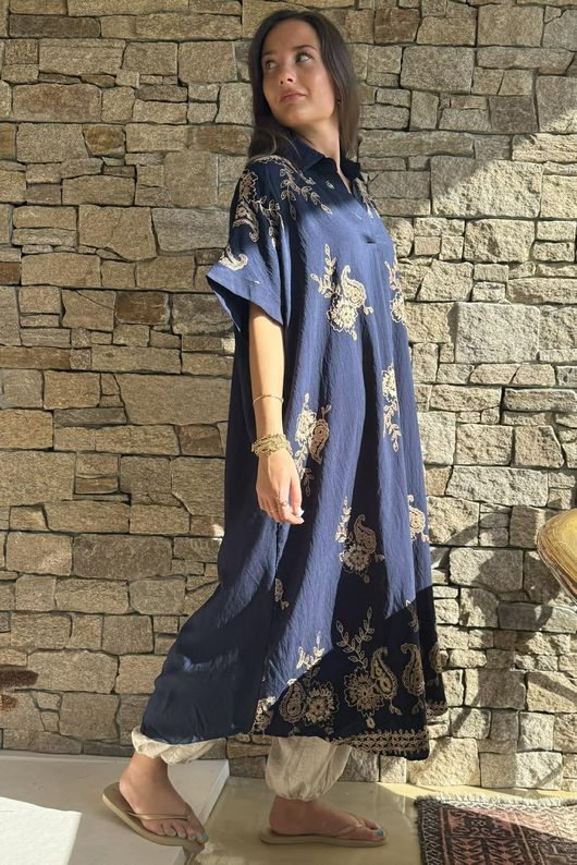 Yara Paisley Embroidered Shirt Dress Navy